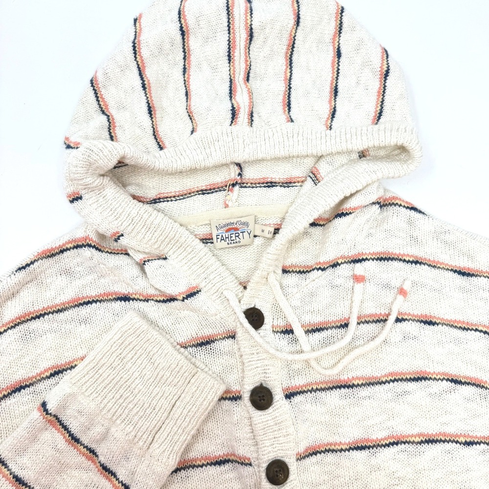 Faherty Mens Cove Organic Cotton Striped Henley Hoodie Sweater Cream Medium